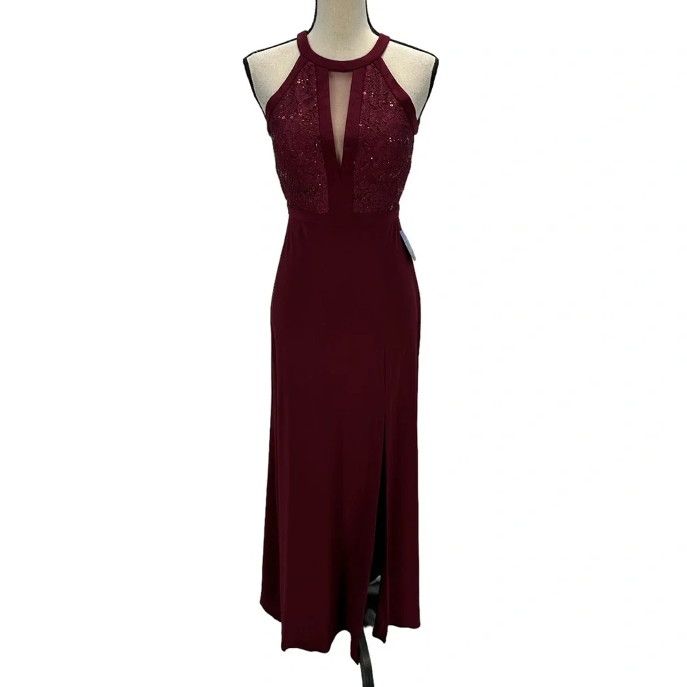 Nightway Sleeveless Halter Neck Sequin Lace Maxi Dress - Merlot Red - size 4P - Picture 1 of 12